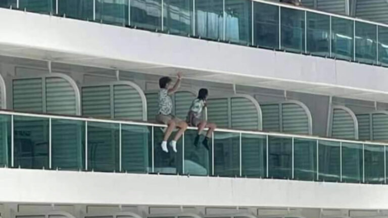 Passengers Captured Sitting on Cruise Ship Balcony Railings