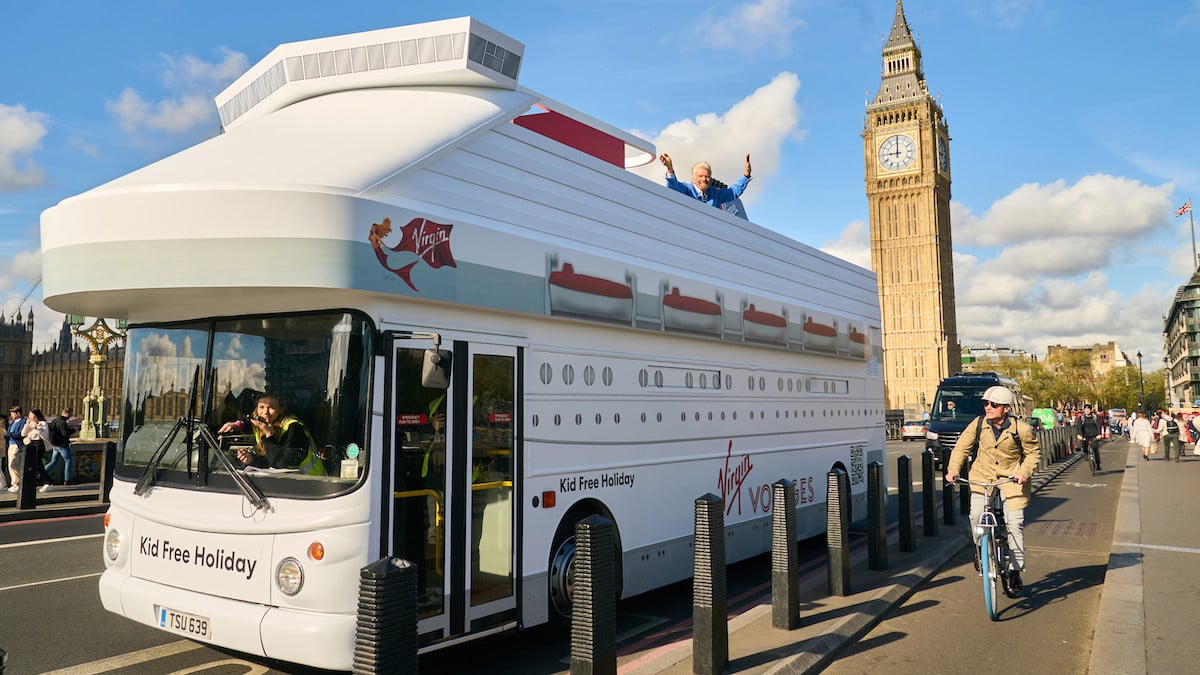 Richard Branson in London Aboard Virgin Voyages Cruise Bus