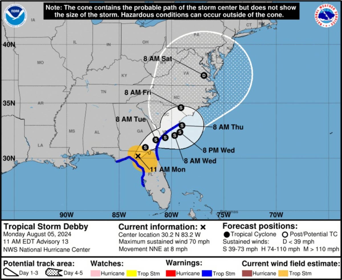 Tropical Storm Debby Track