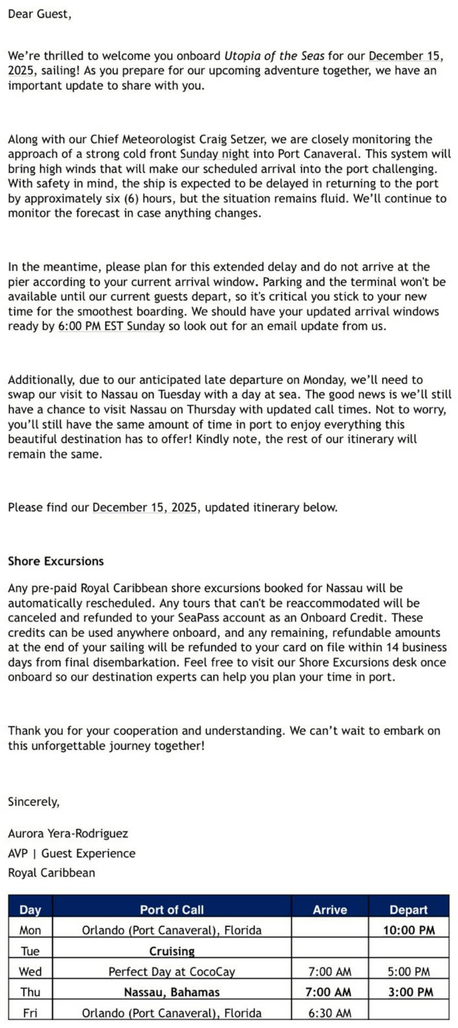 Utopia of the Seas Letter