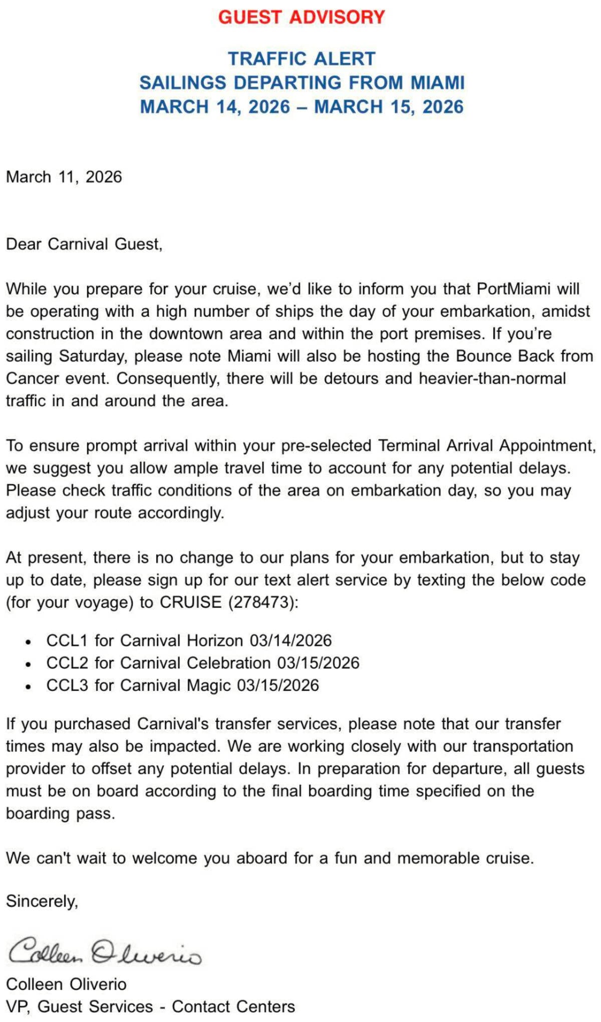 Carnival Miami Traffic Advisory