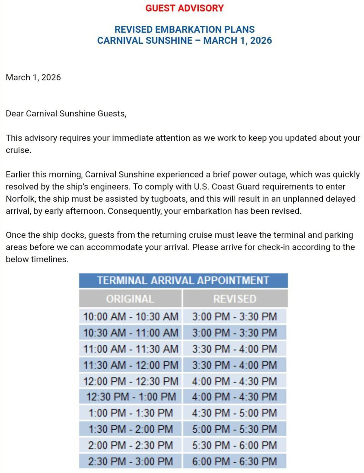 Carnival Sunshine Power Loss Delay Letter