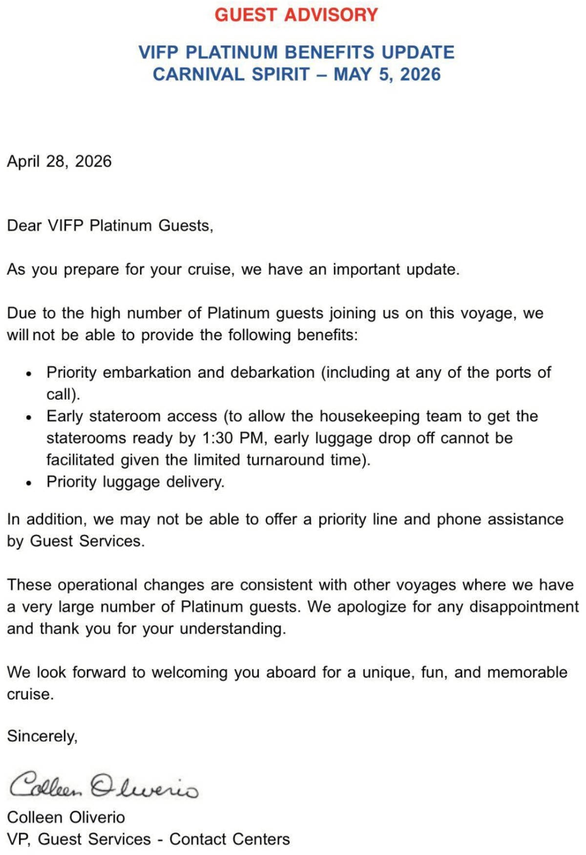 Carnival Spirit Letter
