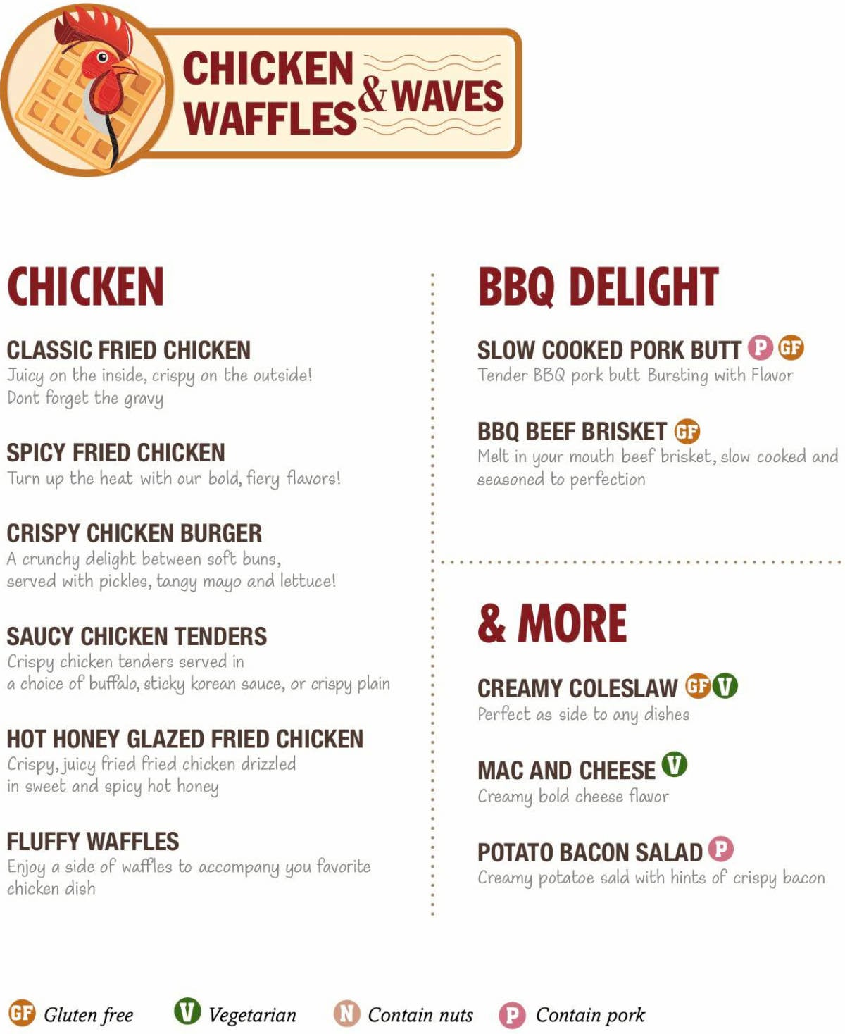 Chicken Waffles and Waves Menu