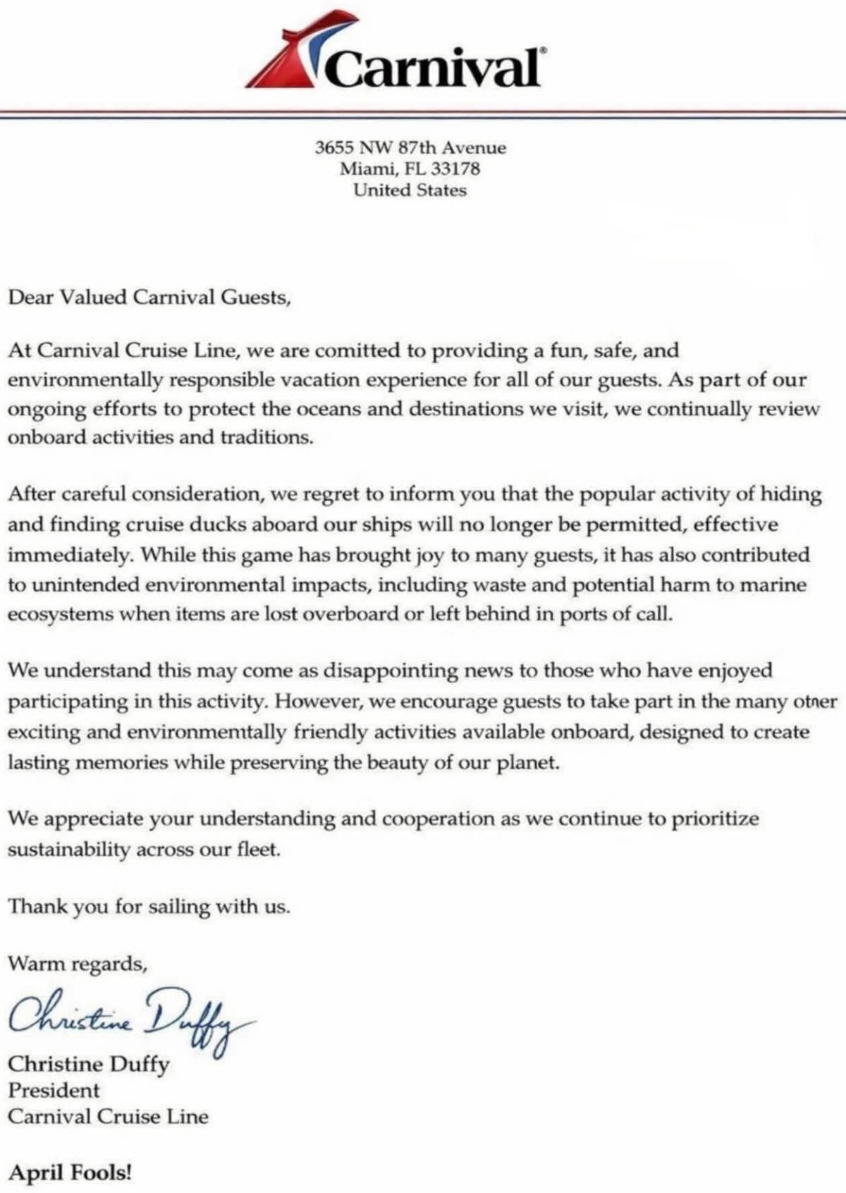 Carnival Cruise Ducks April Fools Letter