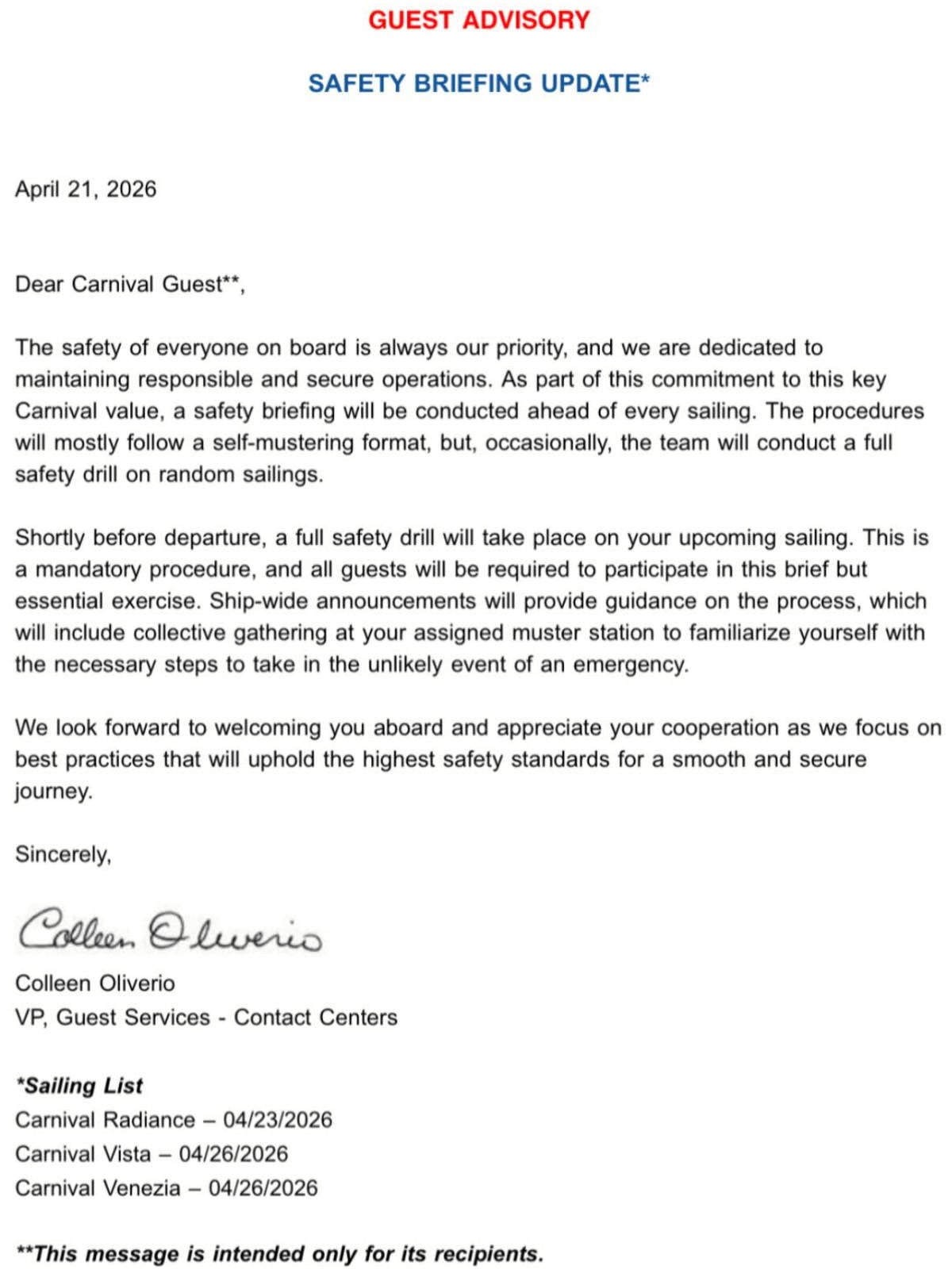 Carnival Muster Letter