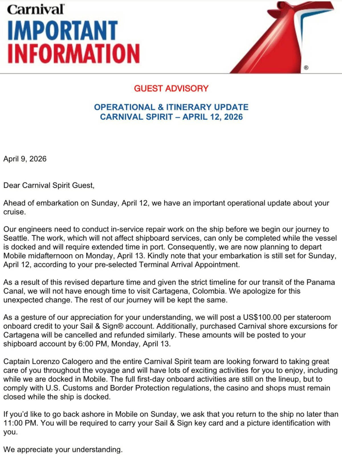 Carnival Spirit Letter