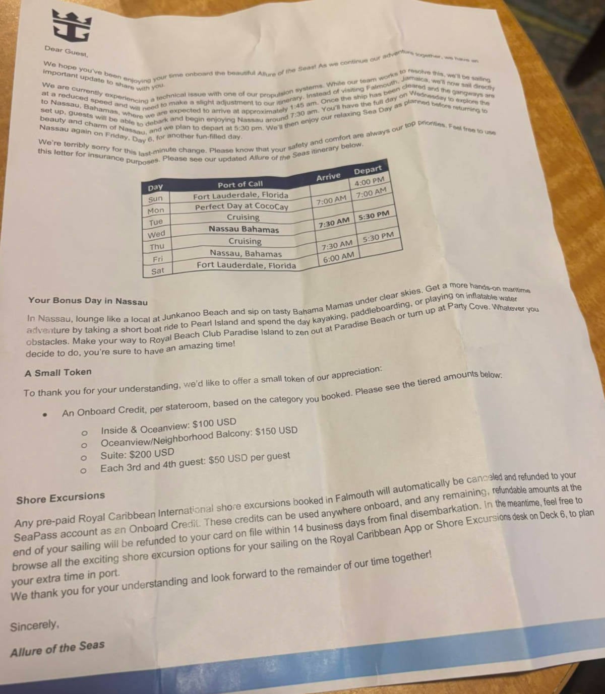 Allure of the Seas Propulsion Issue letter