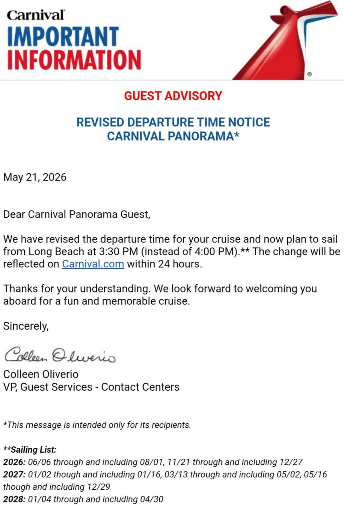 Carnival Panorama Advisory Letter