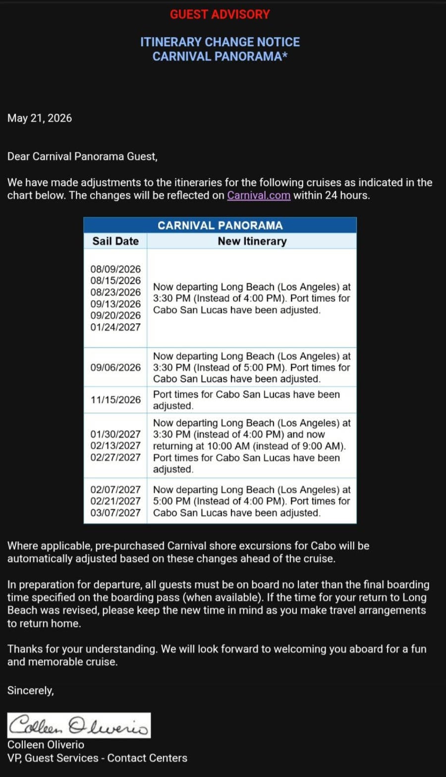 Carniva Panorama Itinerary Changes