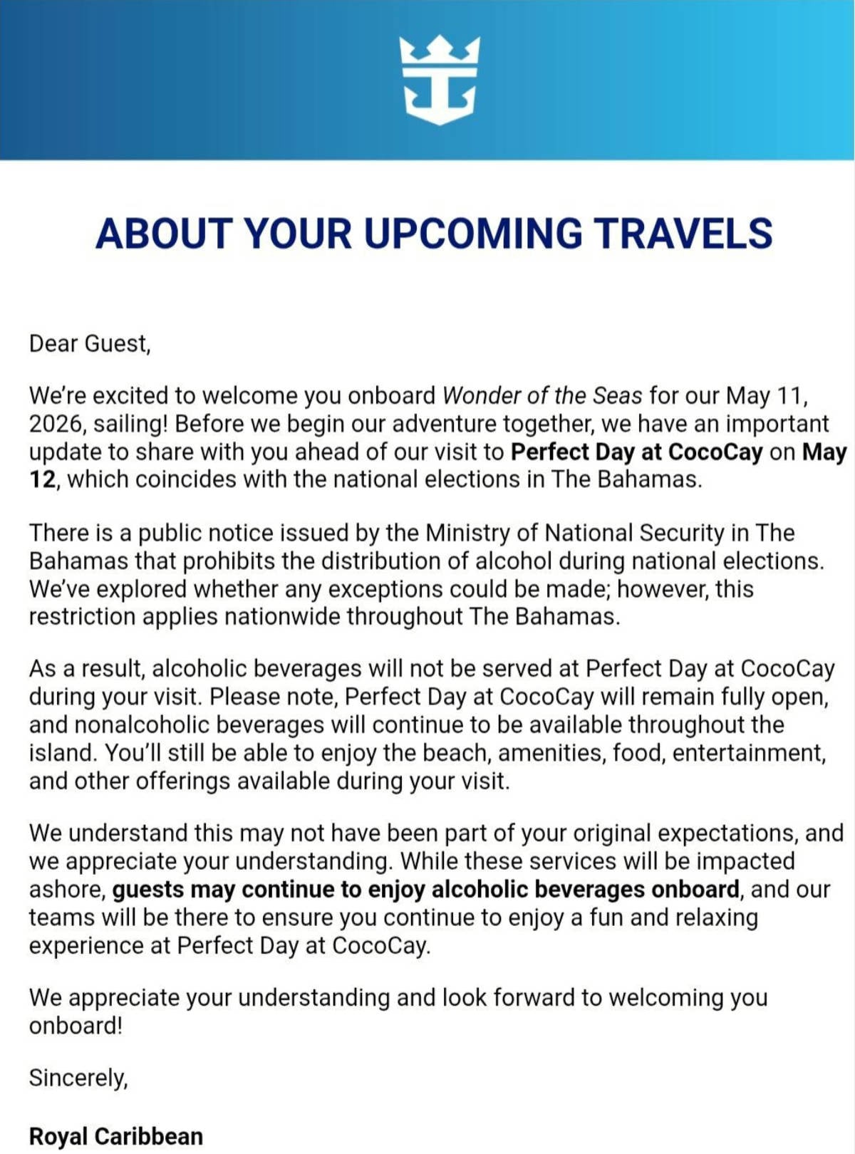 Royal Caribbean Bahamas Election Letter