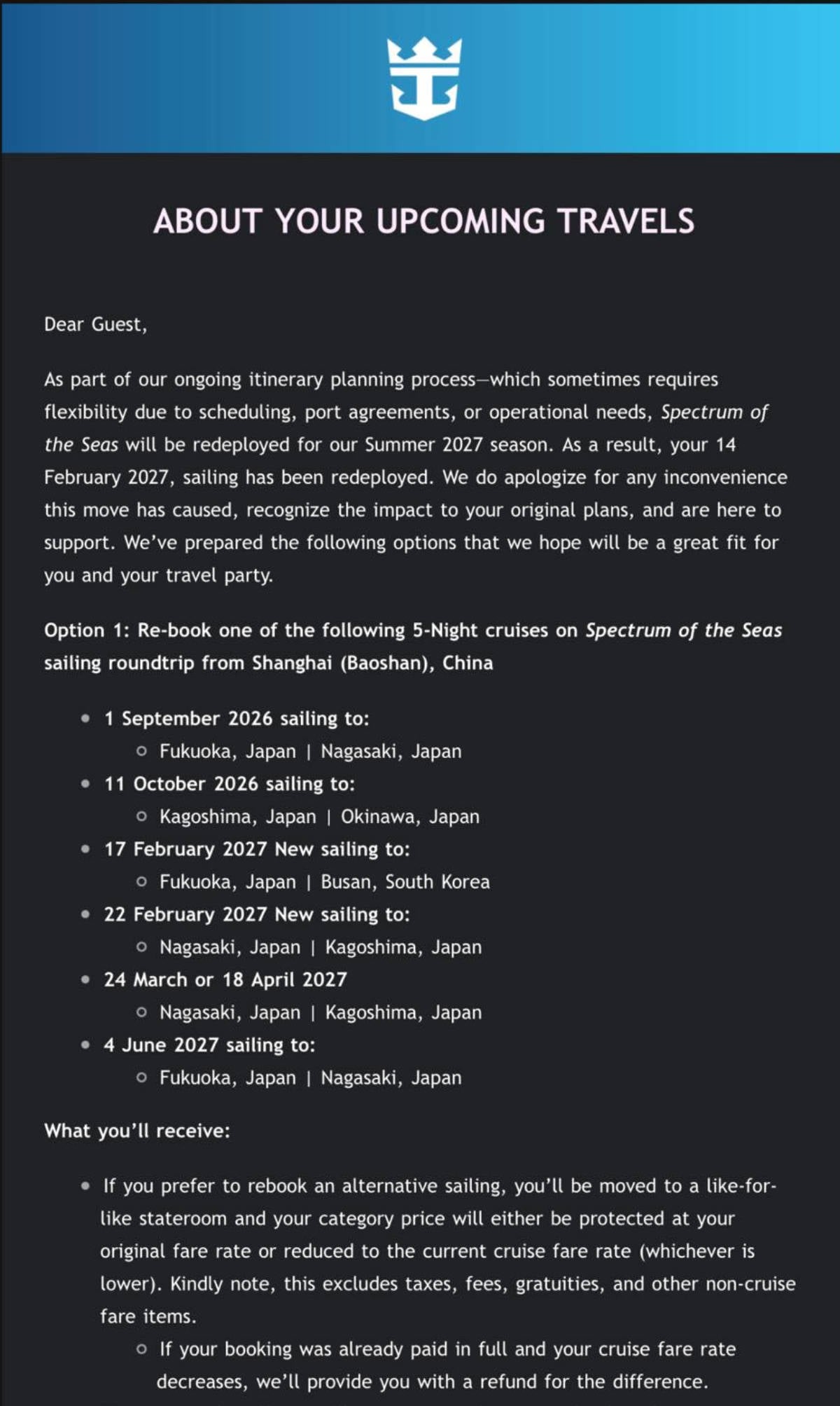 Spectrum of the Seas Letter