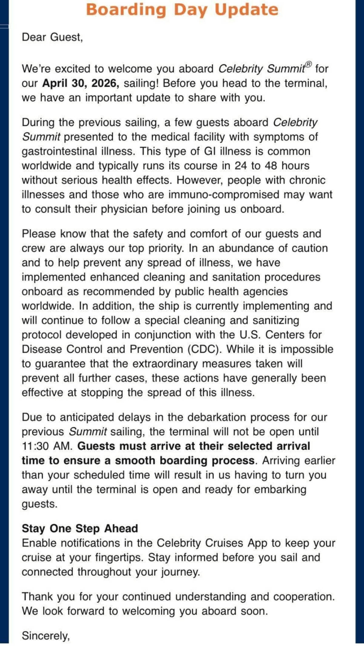 Celebrity Summit Cruise Letter