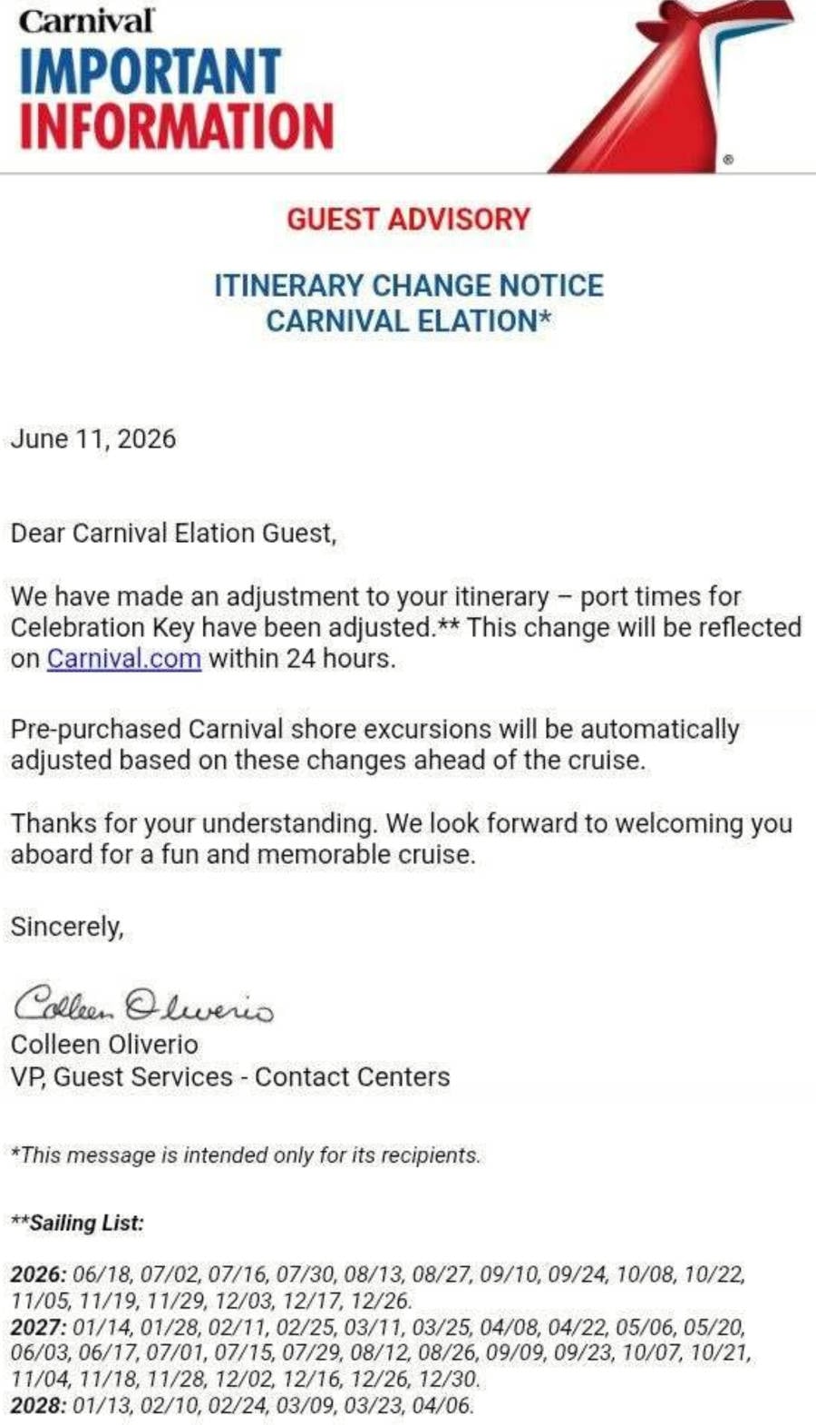 Carnival Elation Letter