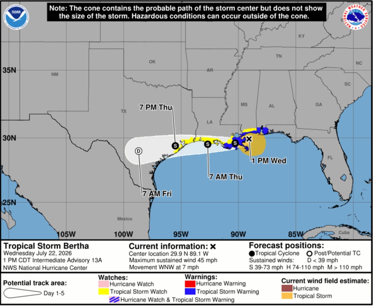 Tropical Storm Bertha Track