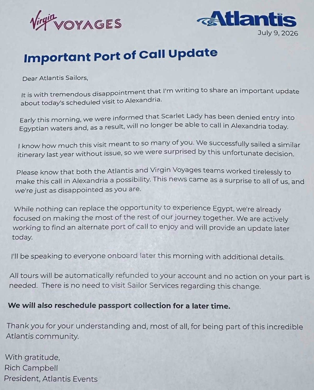 Atlantis Events & Virgin Voyages Letter