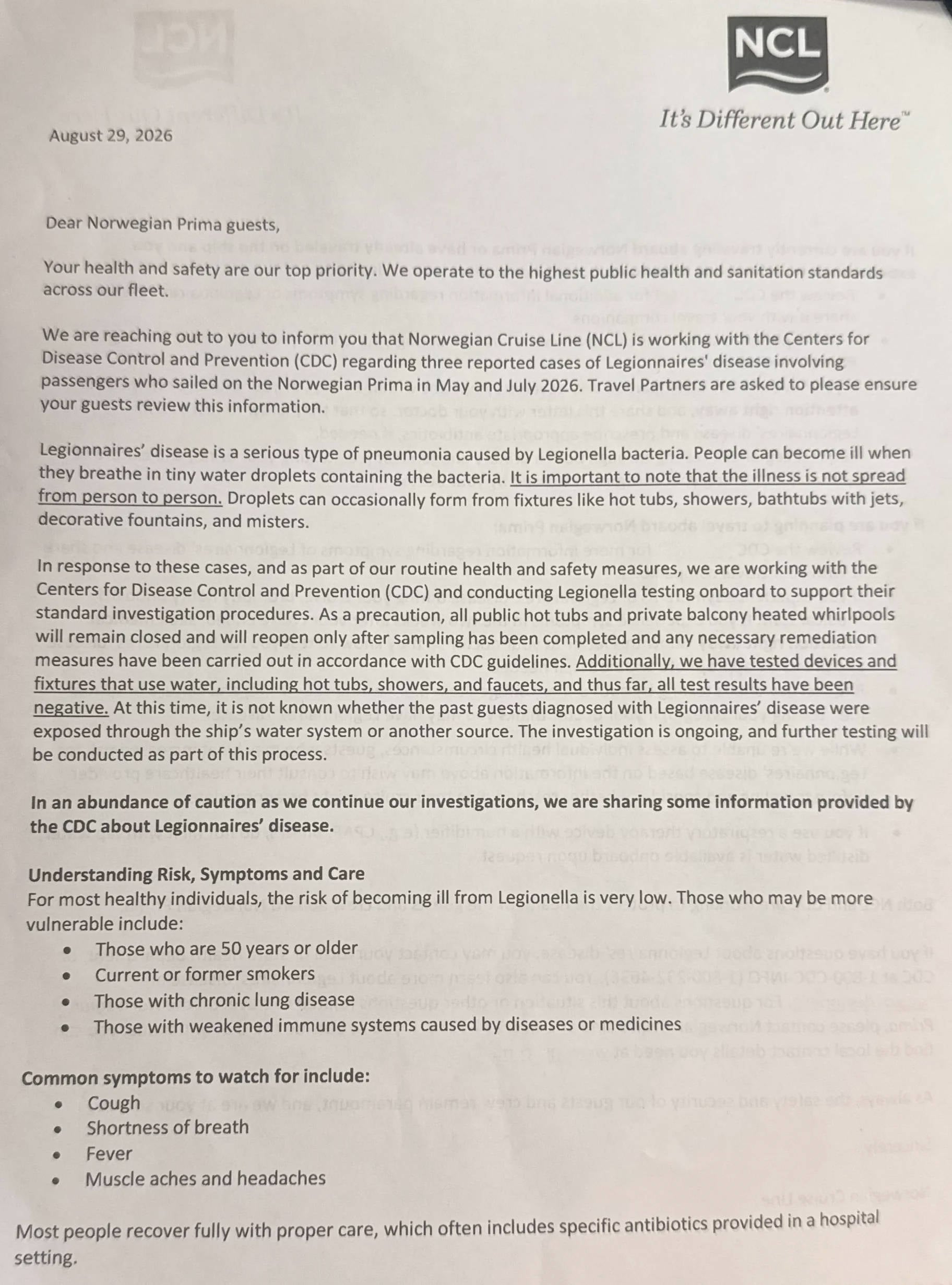 Norwegian Cruise Line Legionnaires' Letter