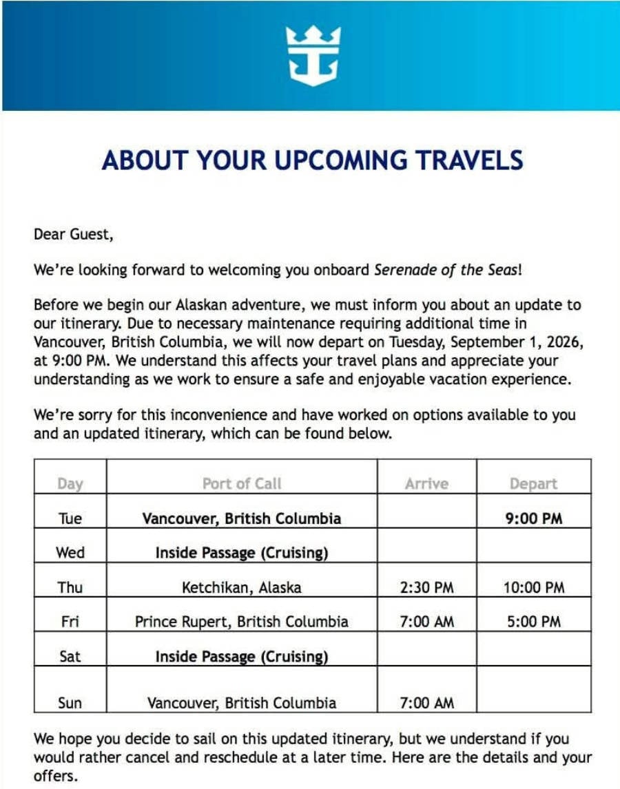Serenade of the Seas Letter