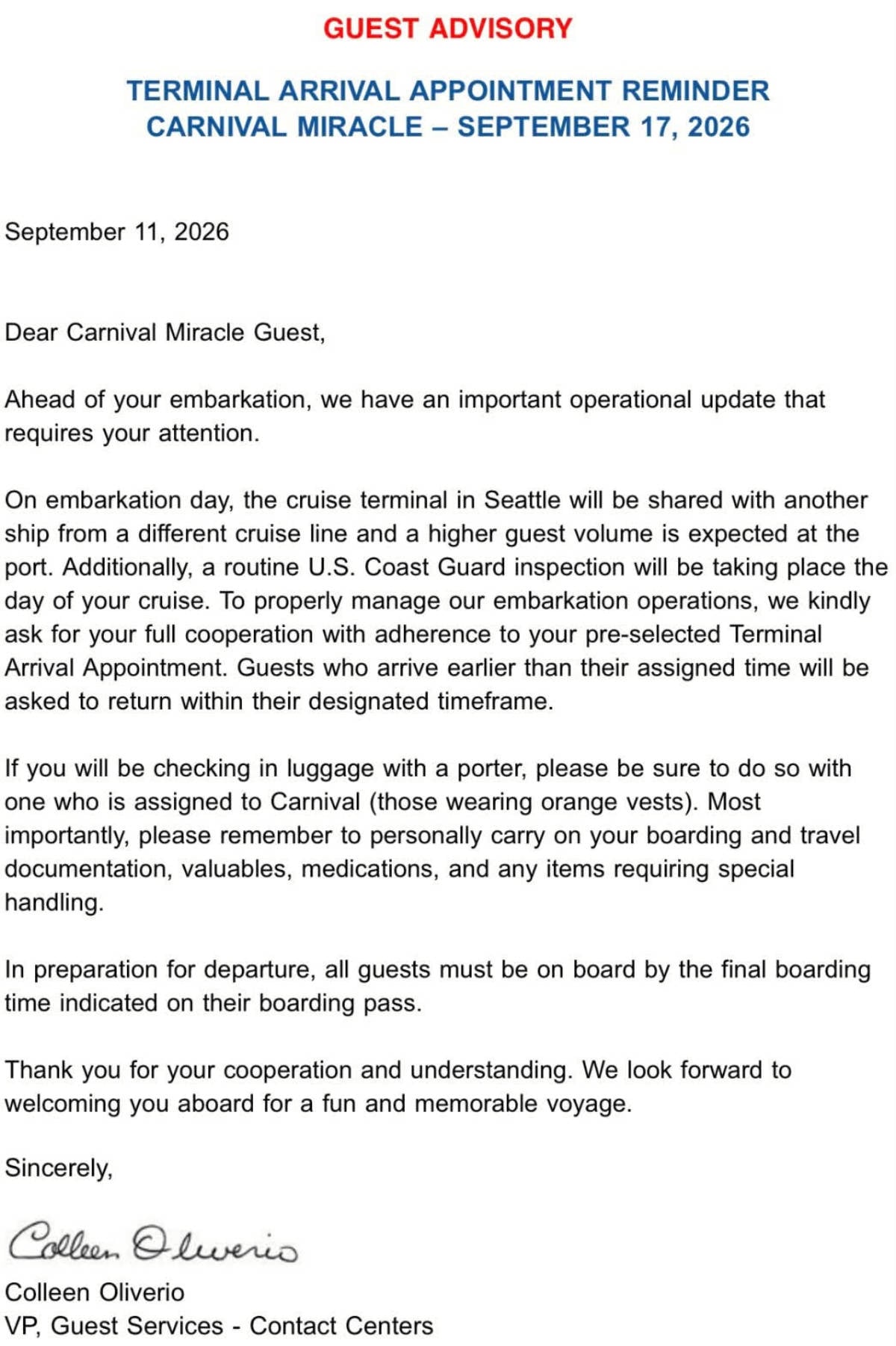 Carnival Miracle Letter
