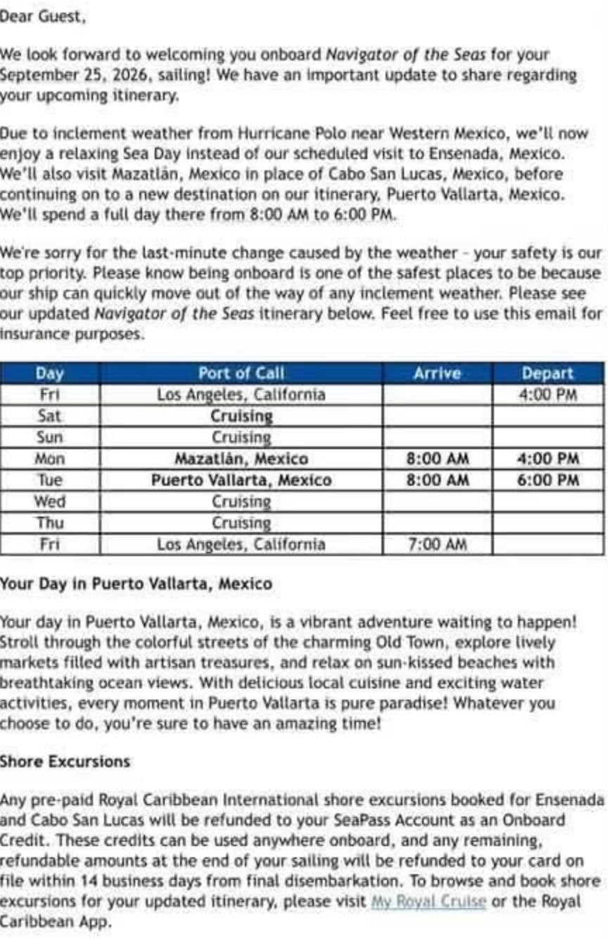 Navigator of the Seas Storm Change Letter