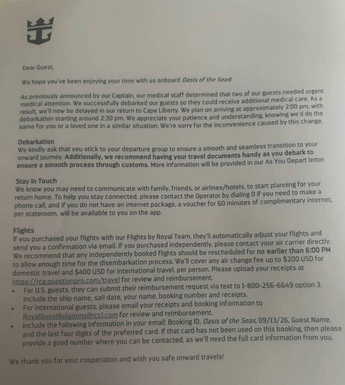 Oasis of the Seas Letter