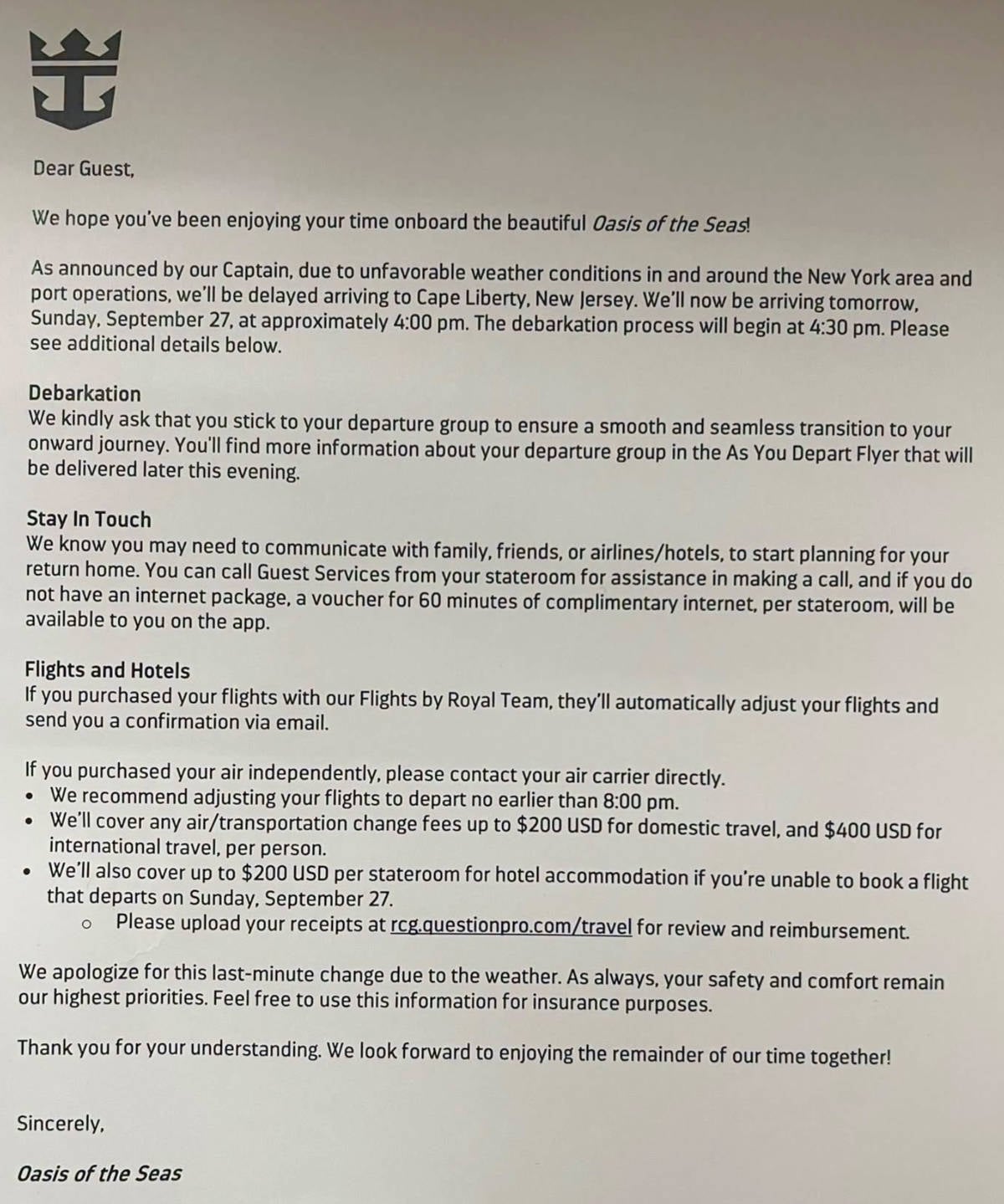 Oasis of the Seas Nor'easter Letter