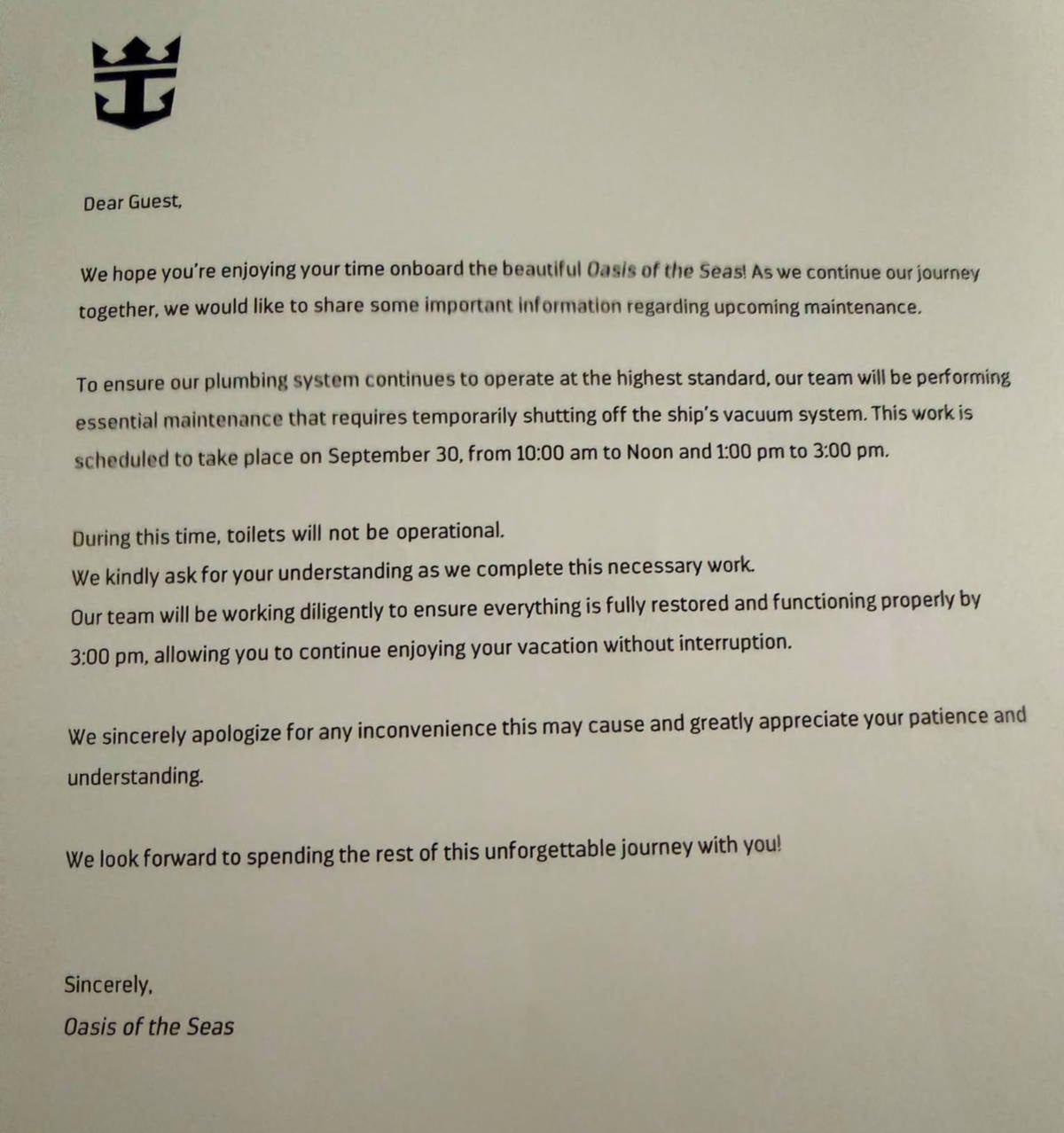Oasis of the Seas Plumbing Letter