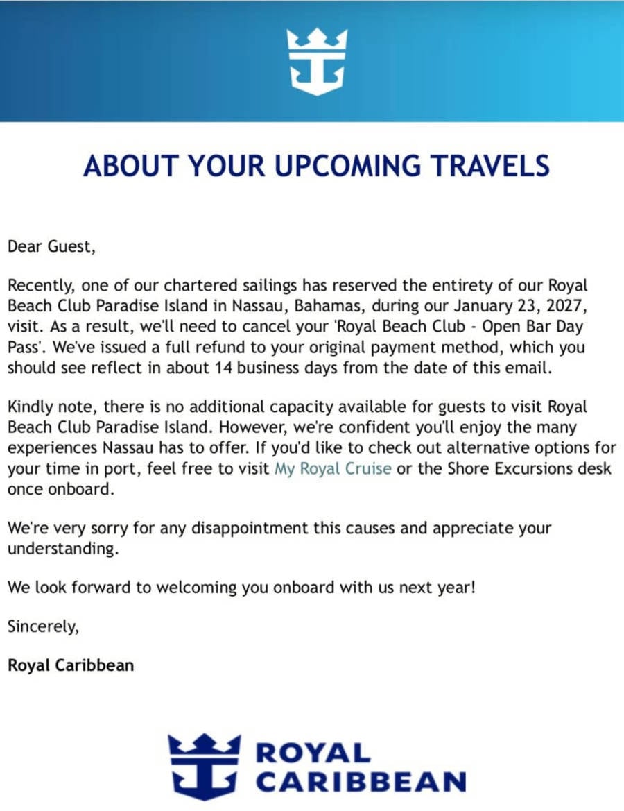Royal Beach Club Charter Letter