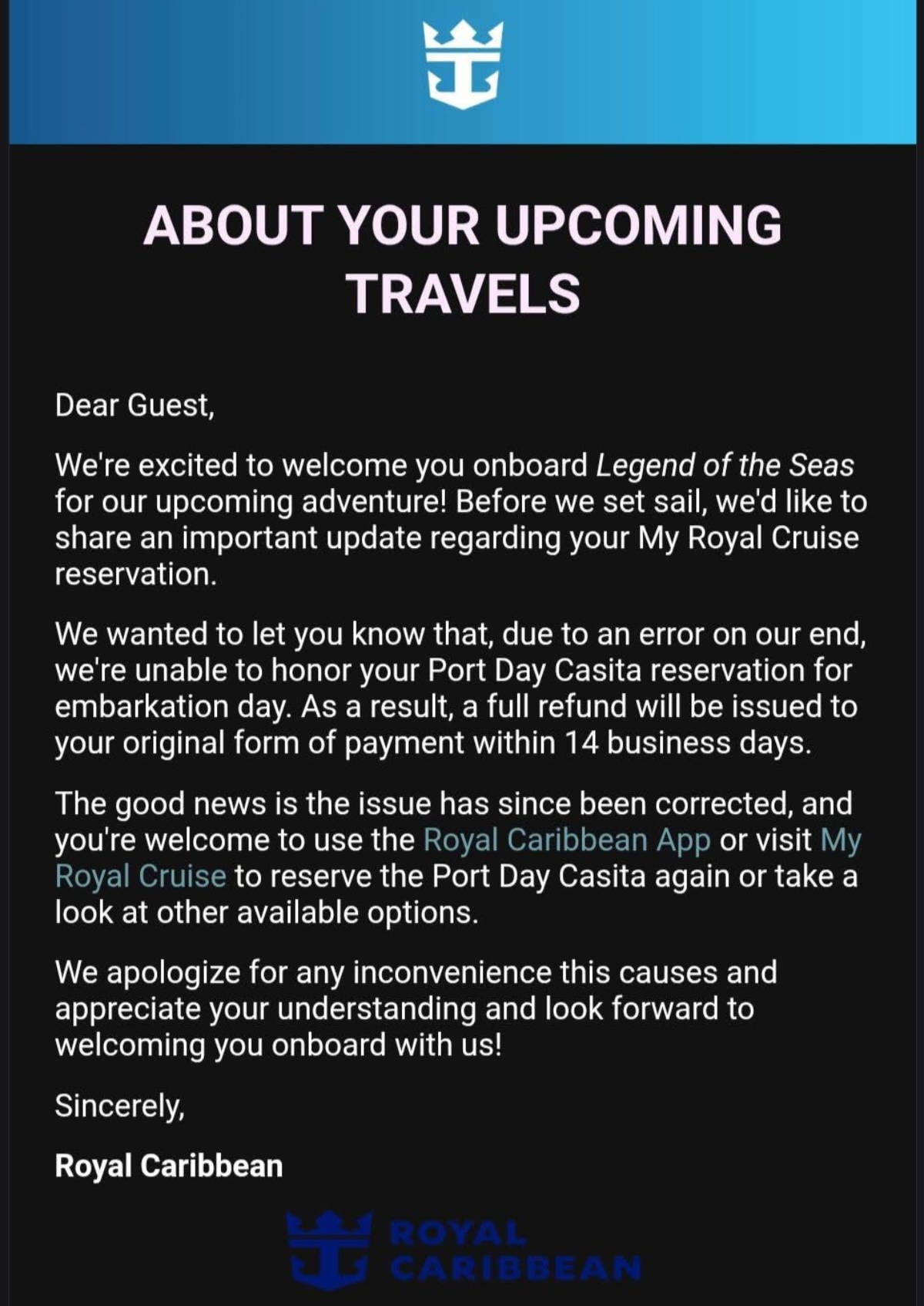 Royal Caribbean Letter
