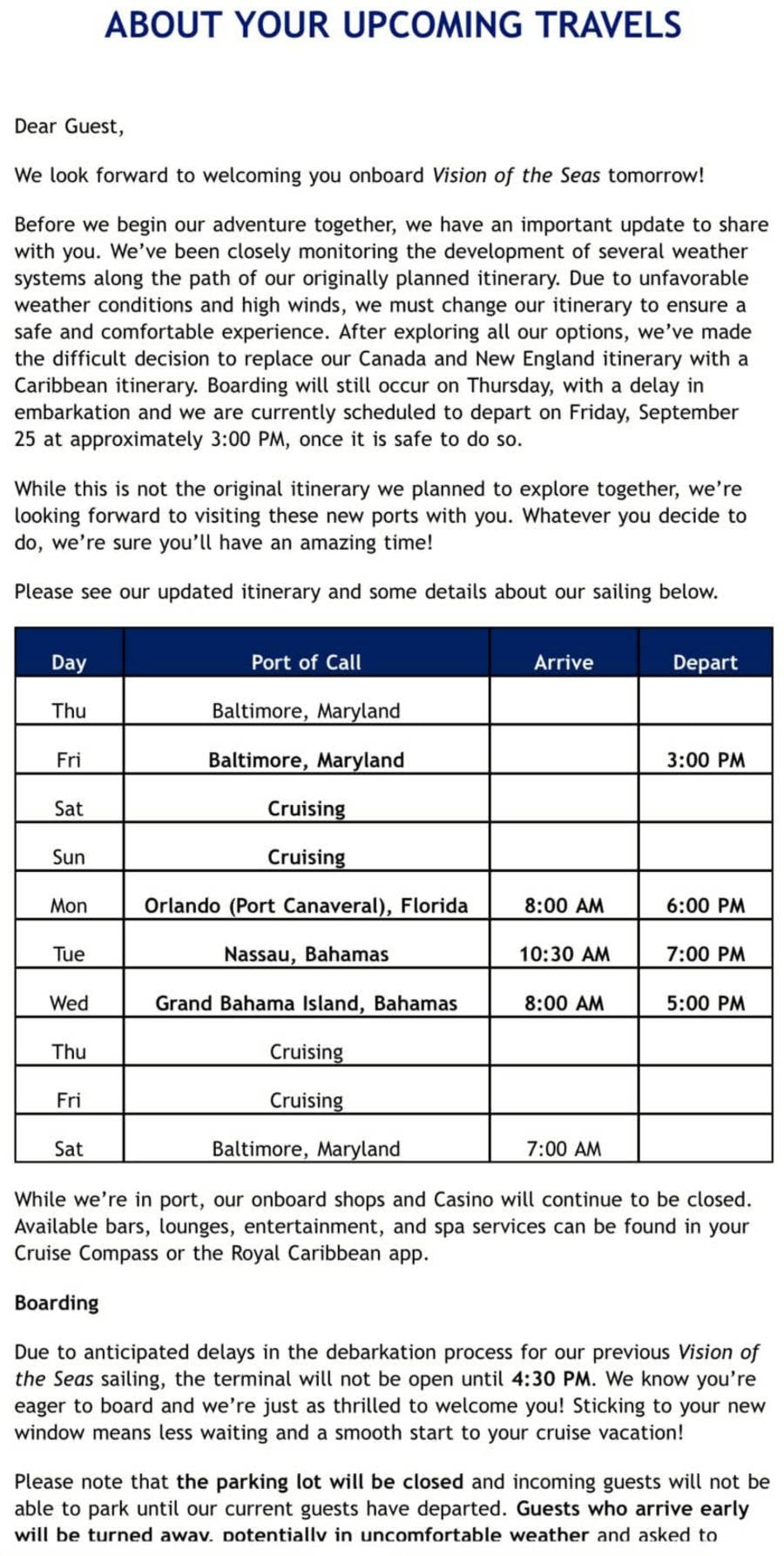 Vision of the Seas Itinerary Change Letter