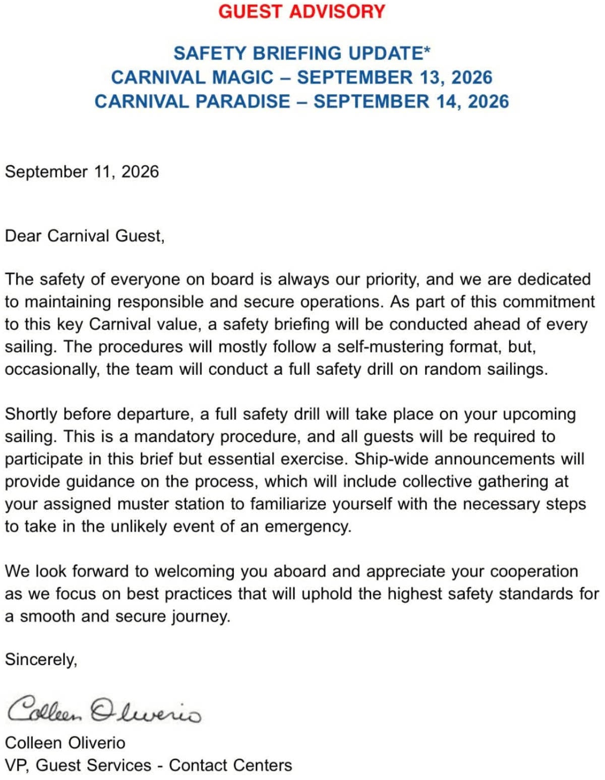Carnival Drill Advisoiry Letter