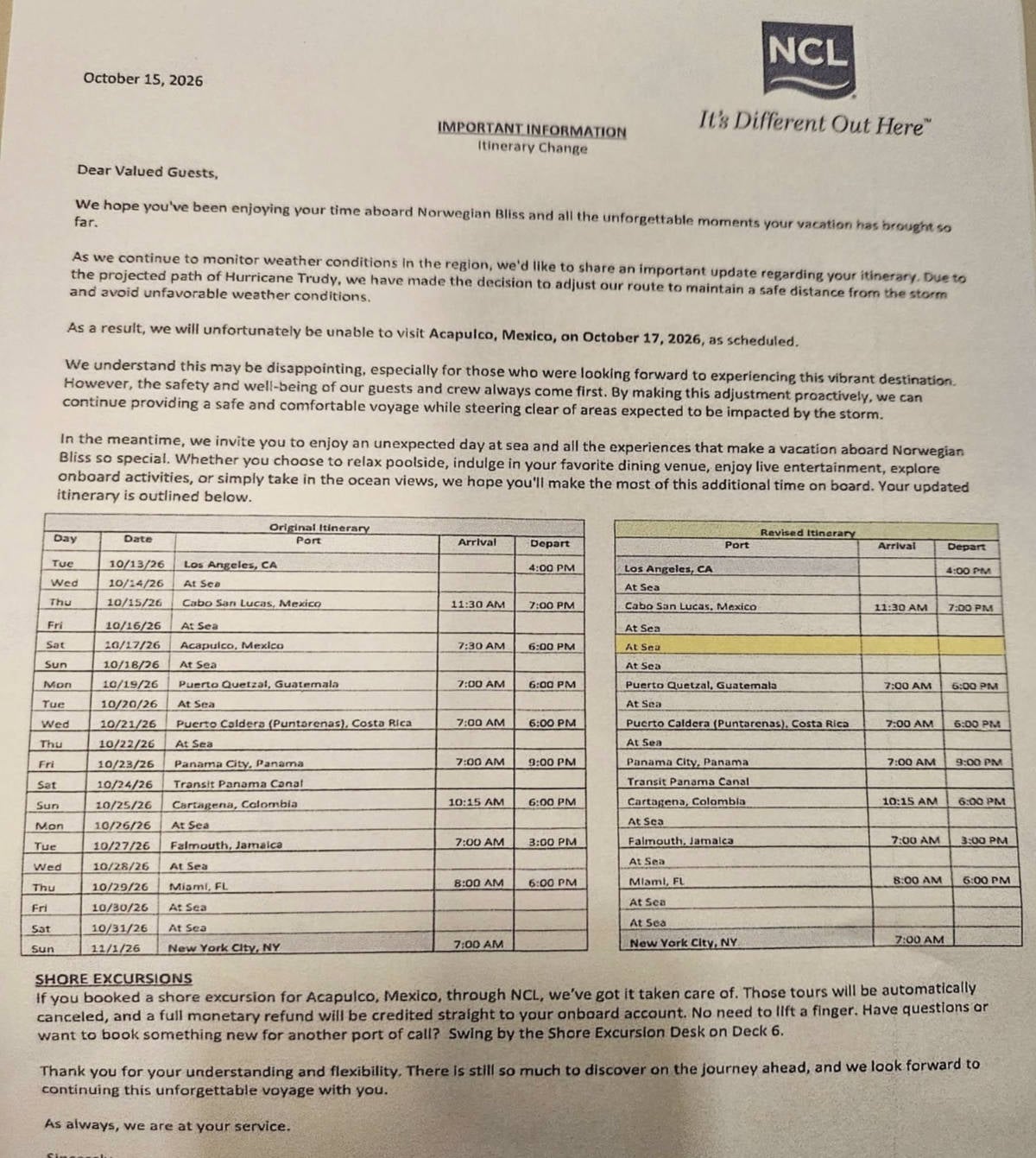 Norwegian Bliss Itinerary Change Letter