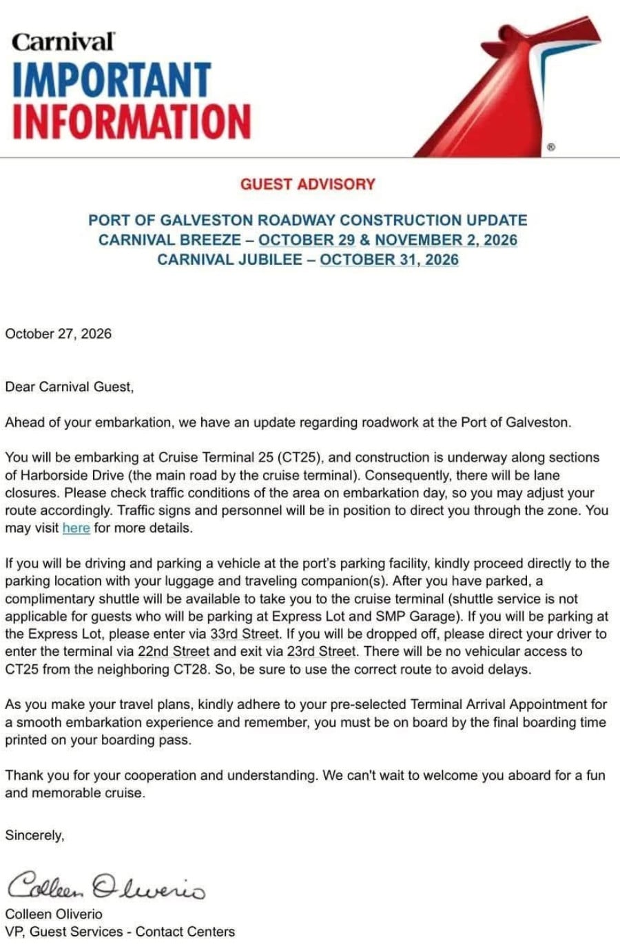 Carnival Galveston Letter