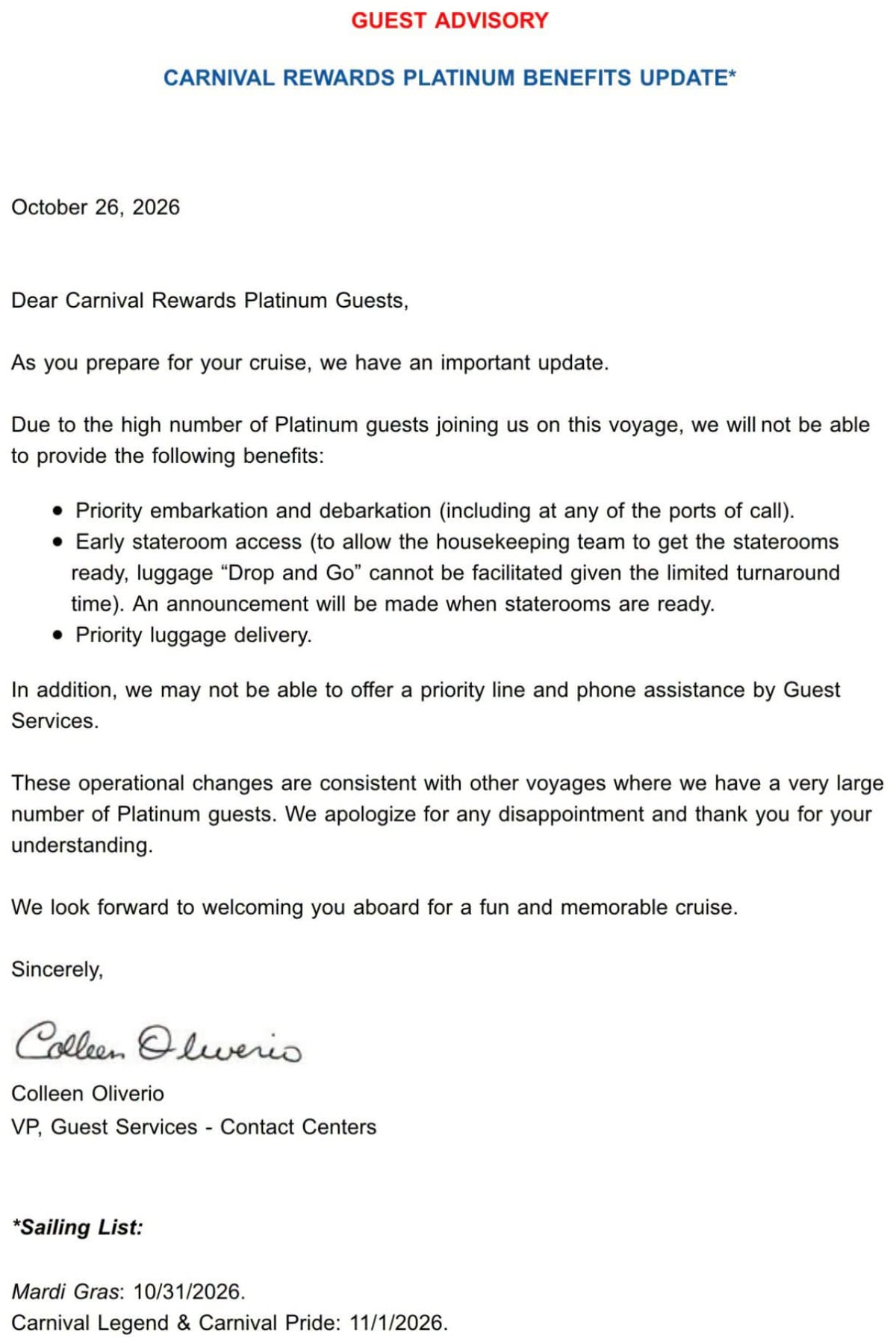 Carnival Perks Letter