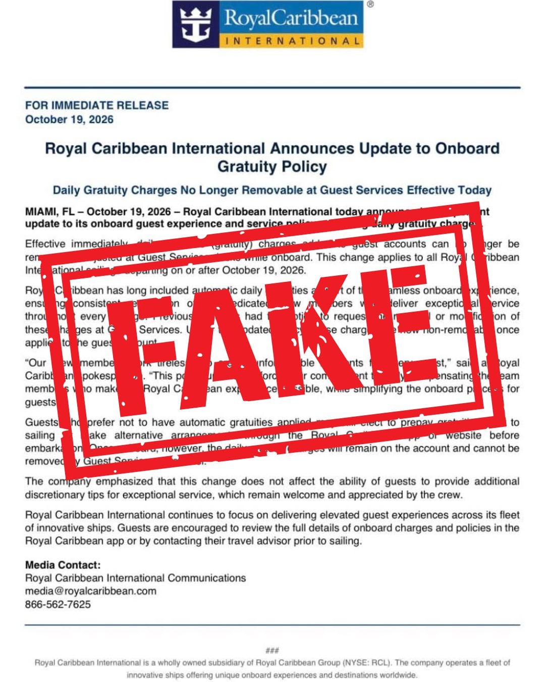Fake Royal Caribbean Gratuities Letter