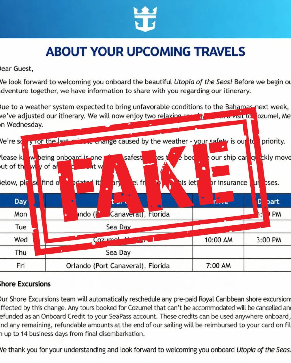 Utopia of the Seas Not Heading to Mexico After Fake Email Circulates