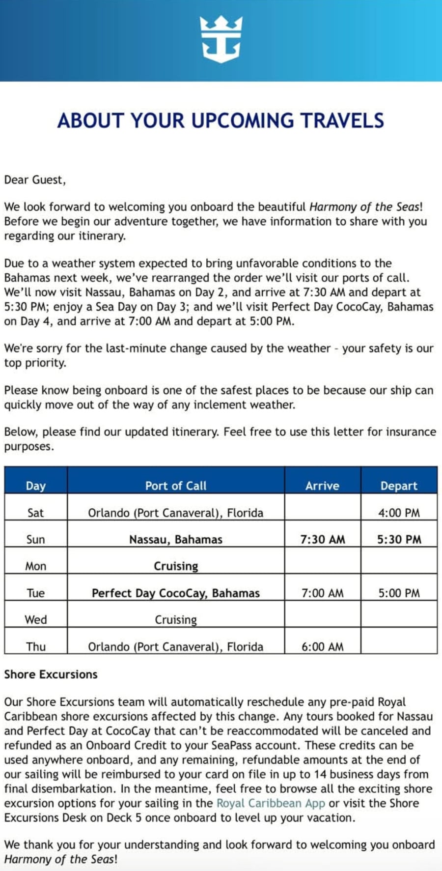 Harmony of the Seas Weather Letter