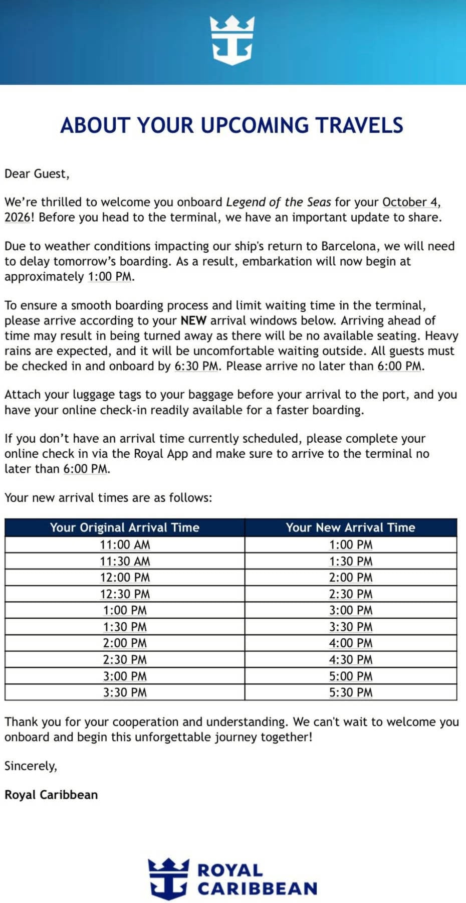 Legend of the Seas Letter