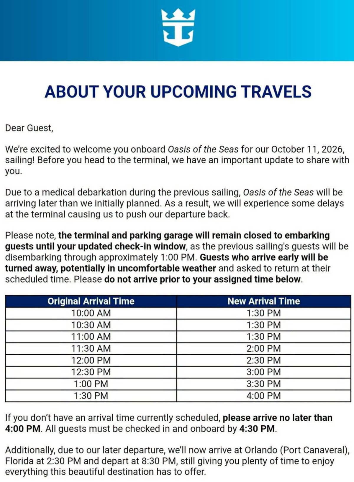 Oasis of the Seas Delay Letter
