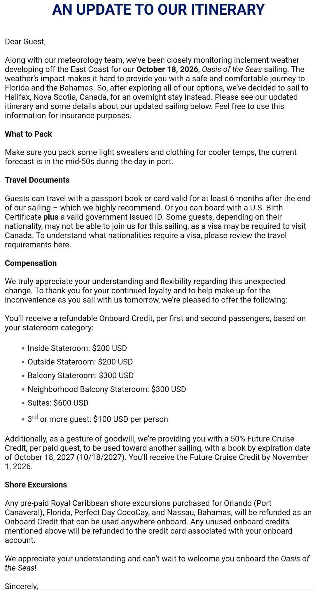 Oasis of the Seas Weather Change Letter