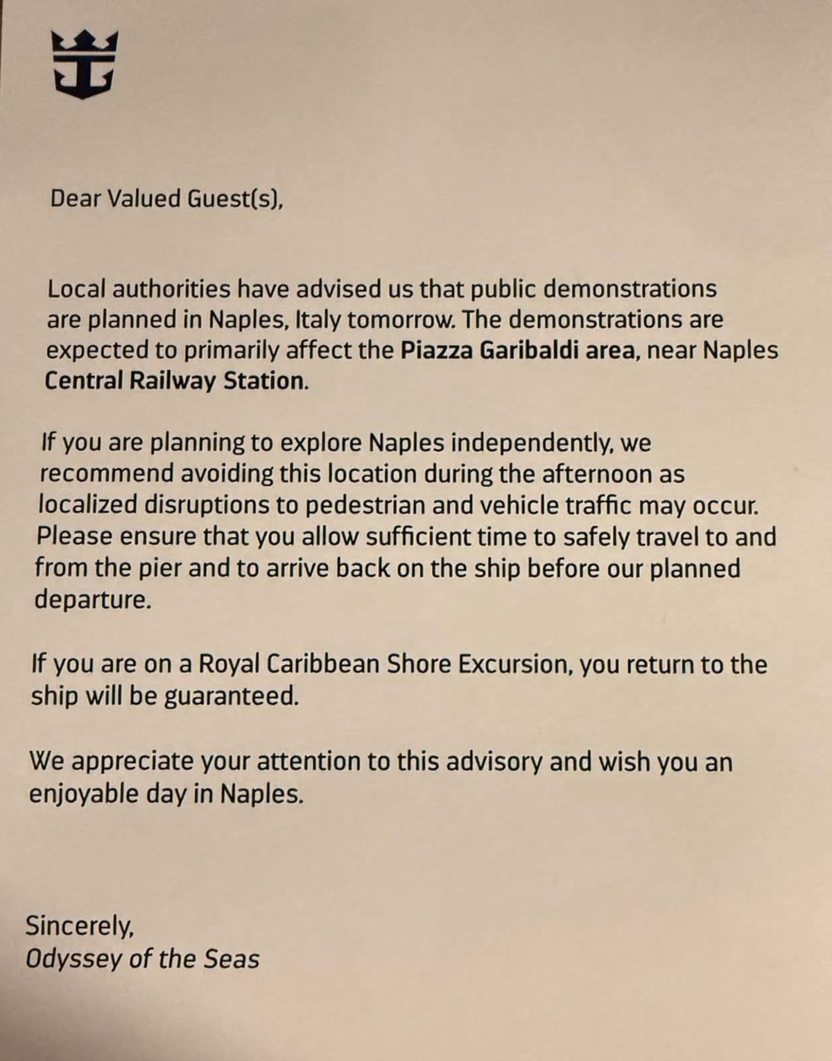 Odyssey of the Seas Naples Letter